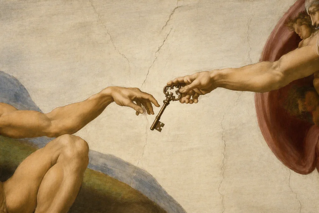 Creazione di Adamo con una chiave tra le mani, a simboleggiare l'autocustodia dei bitcoin