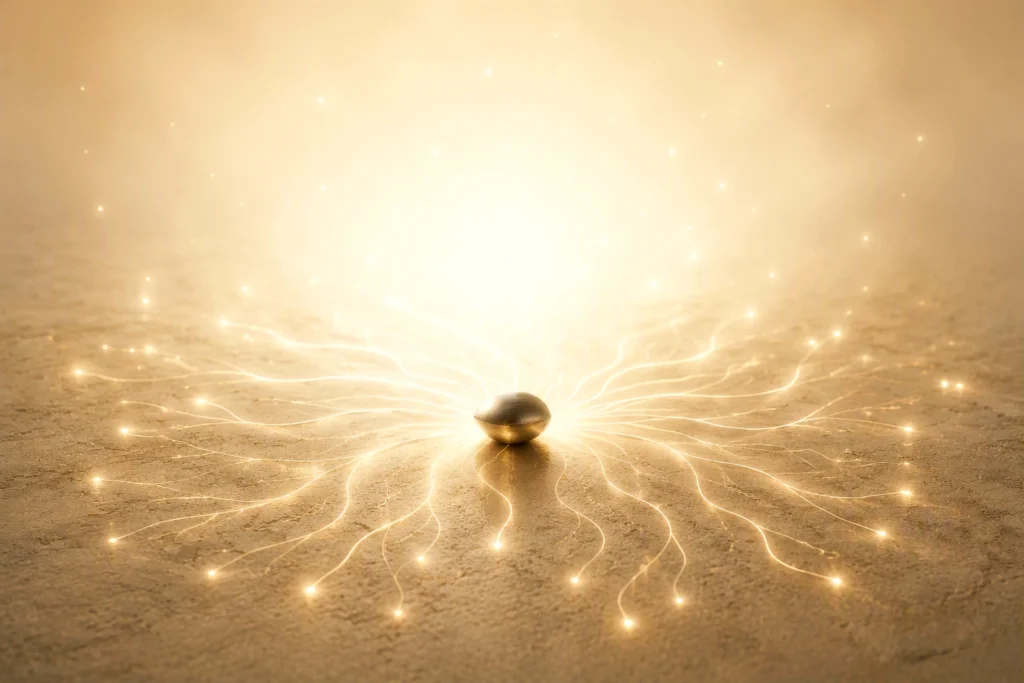 Un seme dorato su una superficie di pietra chiara, da cui si irradiano sottili diramazioni luminose, immagine simbolica della seed phrase di un wallet bitcoin.