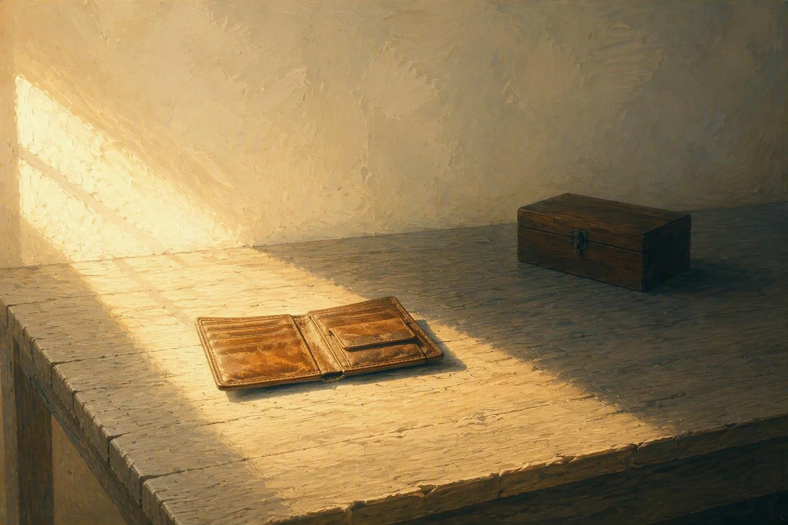 Un portafoglio di cuoio aperto e vuoto in piena luce e un cofanetto di legno chiuso in penombra, su un tavolo, a illustrare come si dividono i bitcoin tra hot wallet e cold wallet