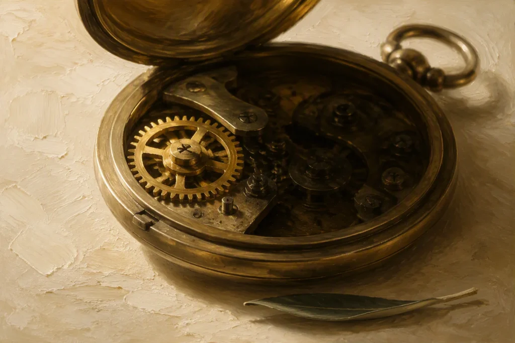 Il retro aperto di un orologio da tasca in ottone su fondo beige: un solo ingranaggio è illuminato e nitido, il resto del meccanismo resta in ombra, con una foglia d'ulivo accanto. Immagine simbolica di ciò che non si può verificare in un hardware wallet.